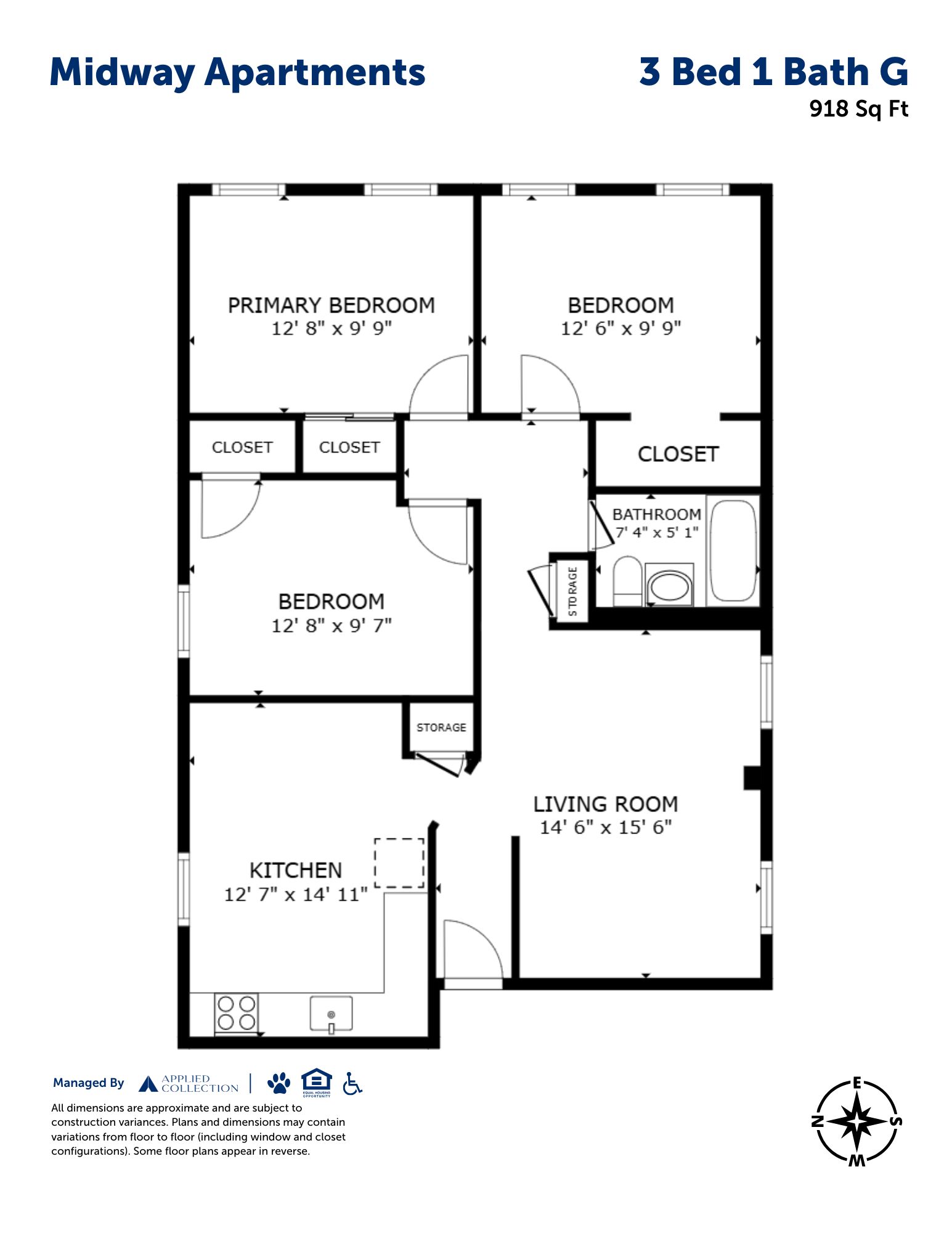 Floor plan for 3 beds, 1 bath, 918 sqft